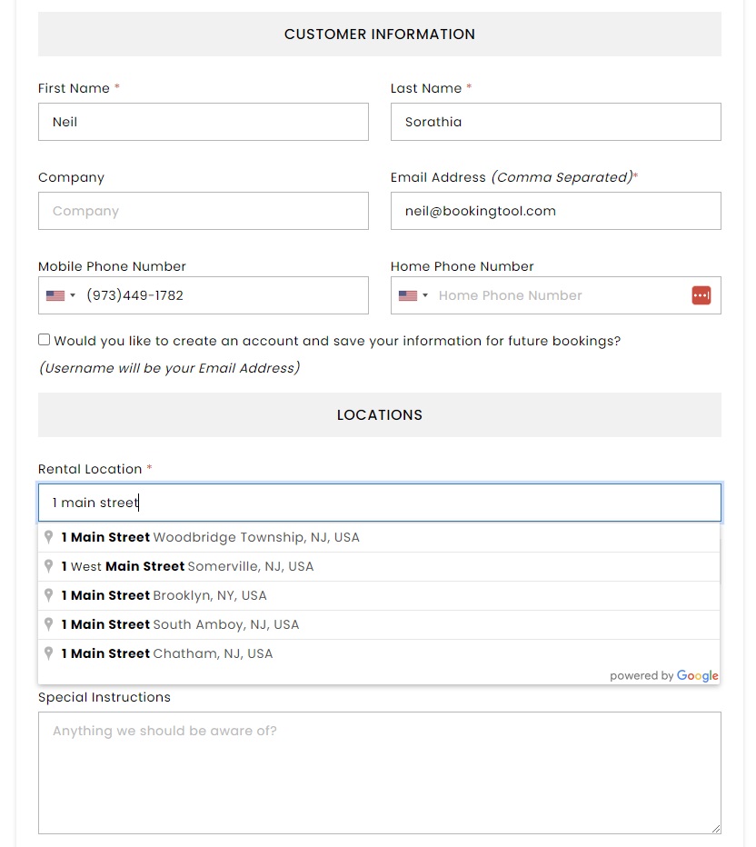 screenshot of Booking Tool Equipment Rental
